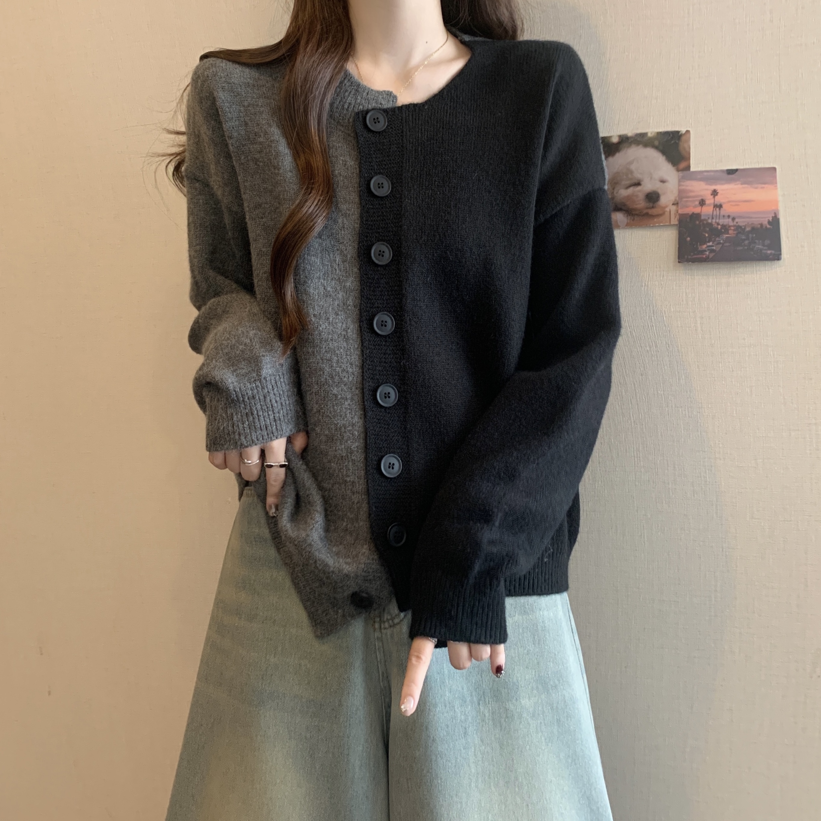 大码女装遮肚子设计感撞色毛衣针织衫女春秋胖mm显瘦别致开衫外套