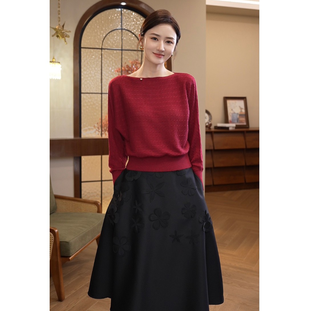 现货2026秋冬新款【7947】含绵羊毛长袖高级感气质轻奢红色针织毛