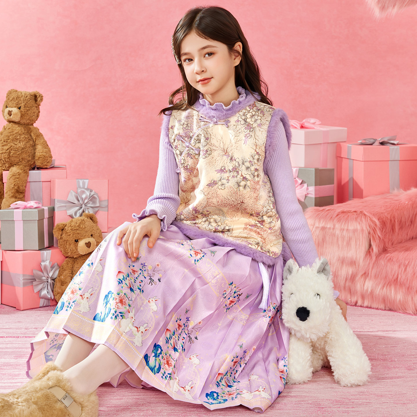 小虎帕蒂女童冬季新款中式花朵织锦马甲马面裙三件套国风加厚汉服