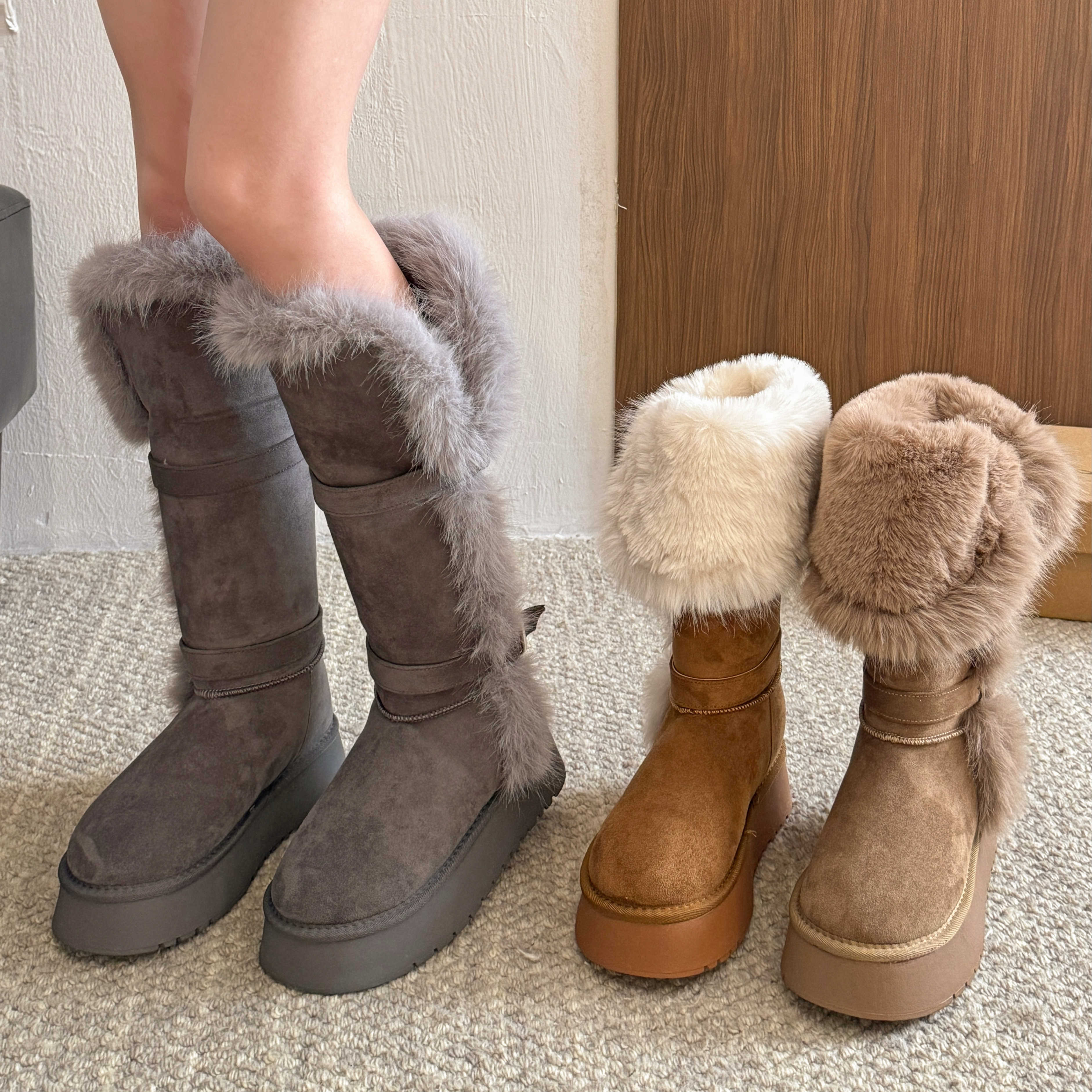贾不假灰色雪地靴女款2025新款冬季厚底加绒保暖棉靴网红茸里茸气