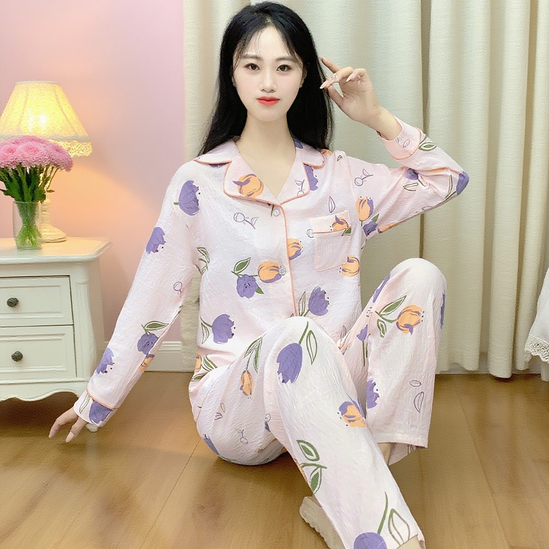 睡衣女春秋长袖云朵棉不带胸垫薄款印花大码家居服套装可外穿Y170