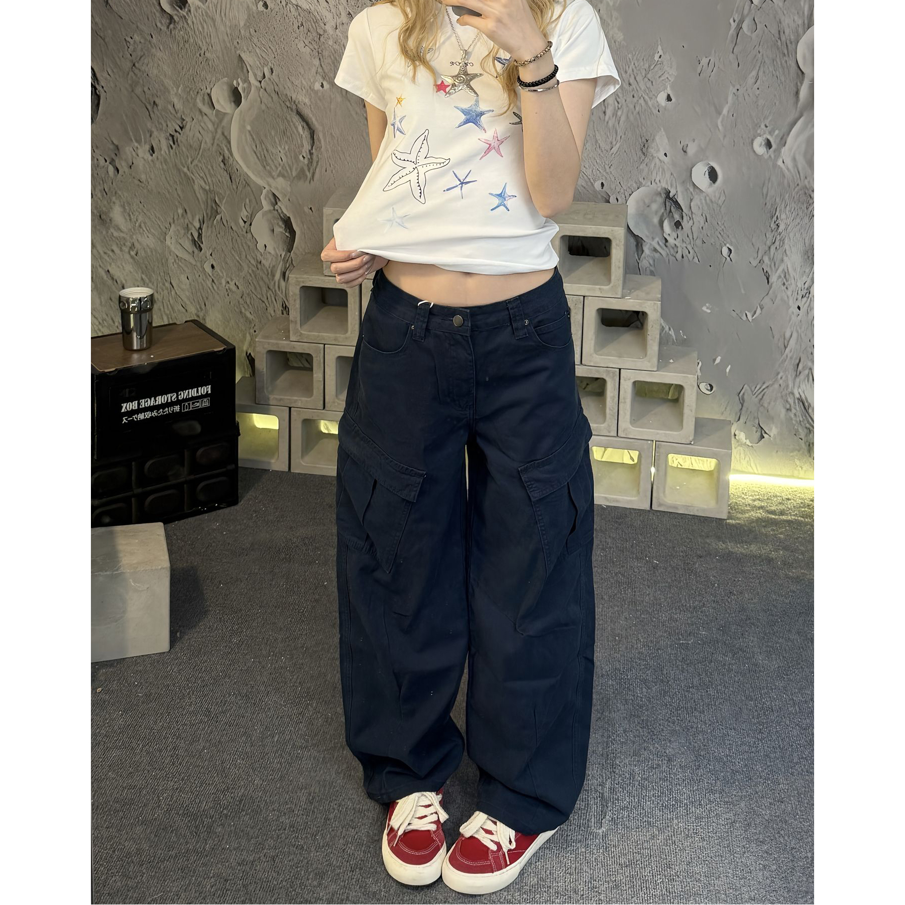 美式高街多口袋直筒工装裤女夏季新款褶皱设计感休闲宽松阔腿裤子