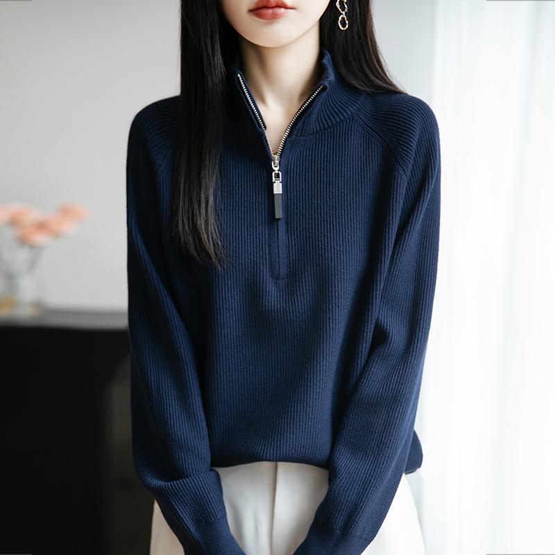 哥弟阿玛施正品25羊毛秋冬季半拉链半高领翻领宽松时尚外搭小衫女