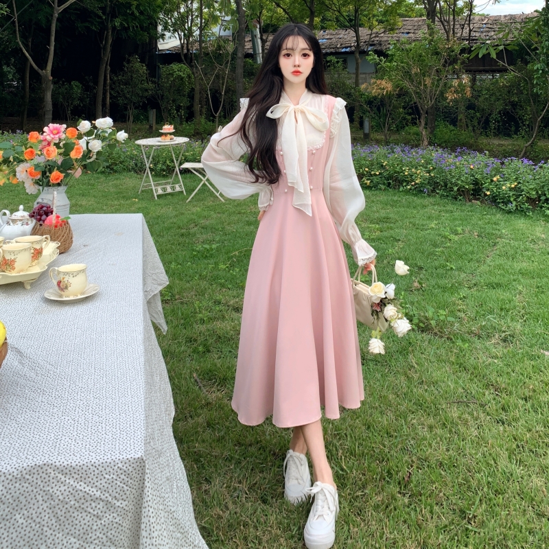 大码女装新款秋季温柔风甜美气质少女假两件拼接连衣裙17870