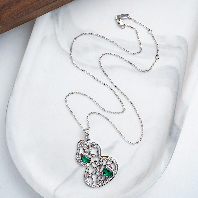坠链均925银 4a461高级感镂空葫芦吊坠项链绿色简约设计复古显白