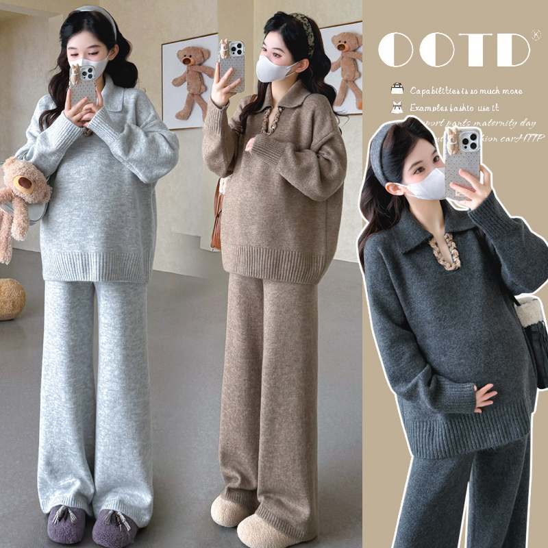时髦孕妇装新款秋冬加厚翻领春秋网红编织套头毛衣阔腿裤休闲套装