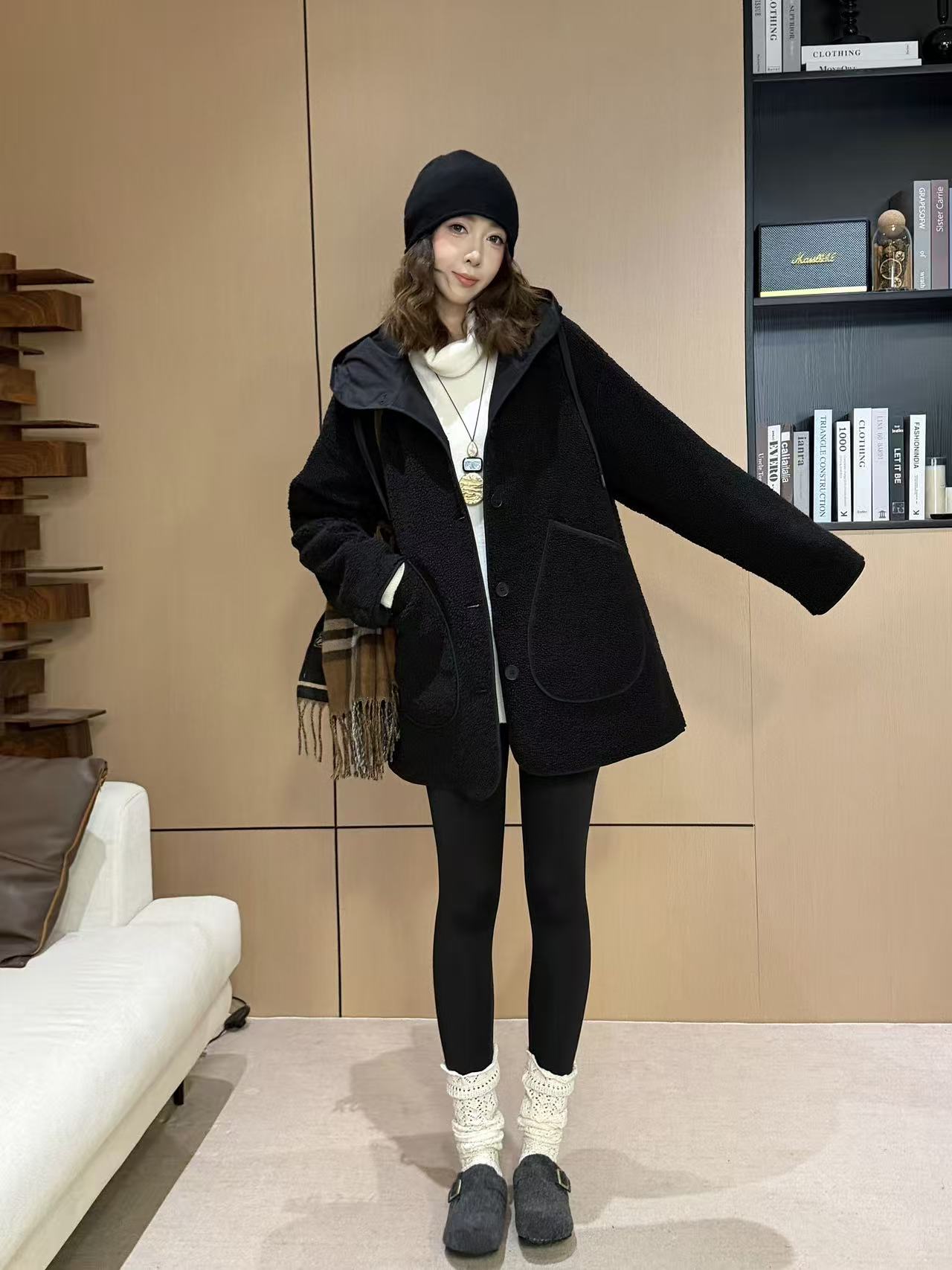 松弛感慵懒风洋气秋冬设计感中长款宽松大口袋加厚连帽外套W25523