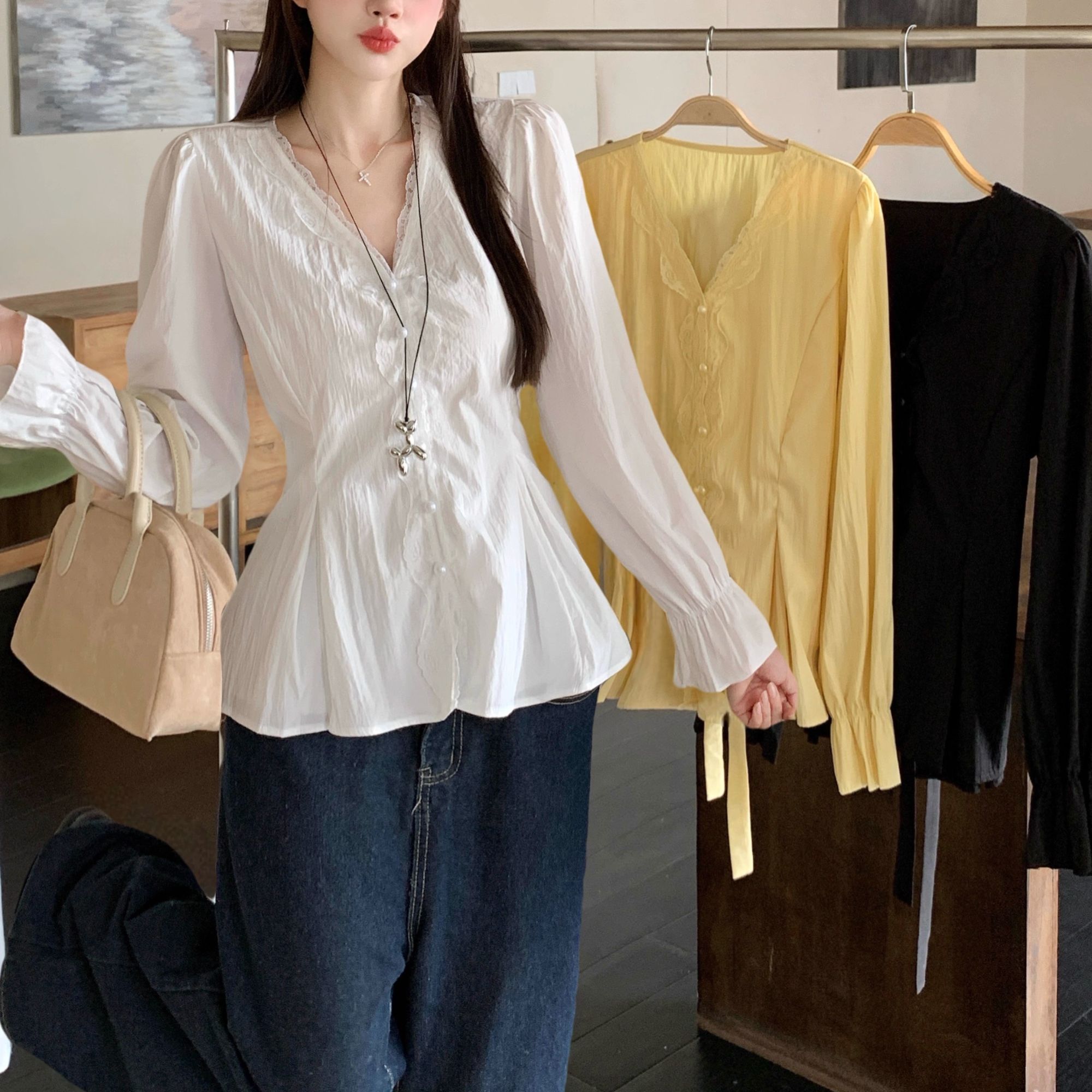 A2611大码衬衫收腰显瘦长袖衬衫2025年宽松版上衣女款遮肚子小衫