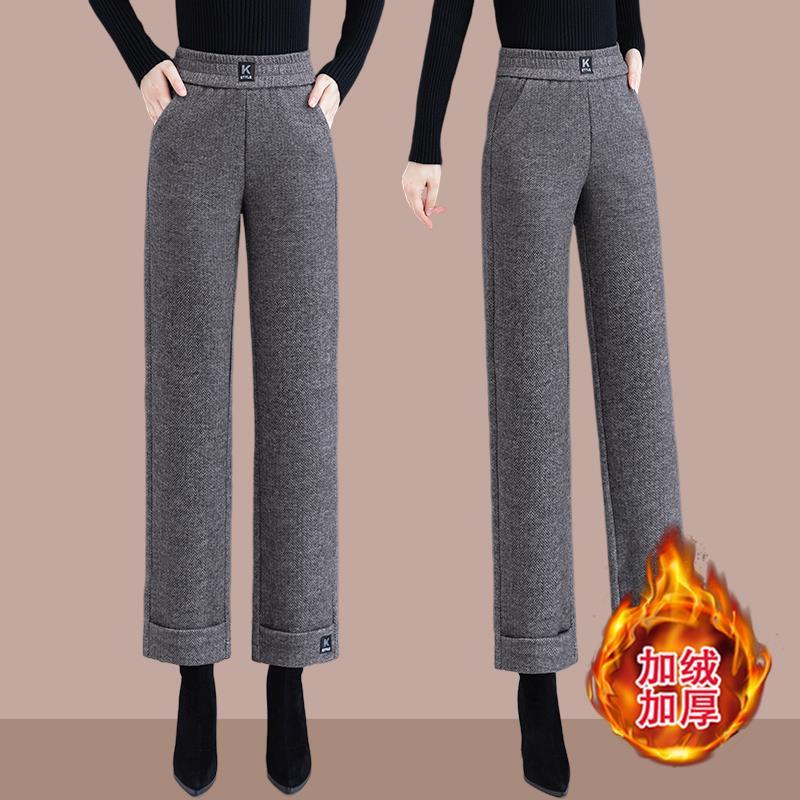 今年流行秋冬季加厚毛呢九分窄版直筒裤小个子高腰显瘦加绒休闲裤