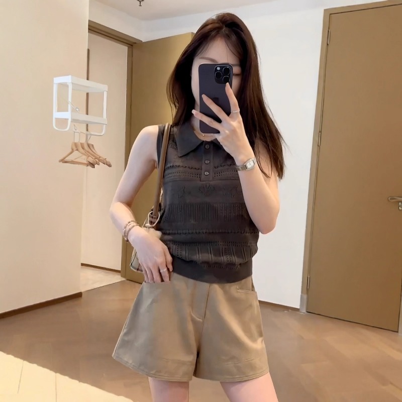 韩系翻领钩花镂空冰丝针织背心女夏装新款显瘦polo衫无袖纯色上衣