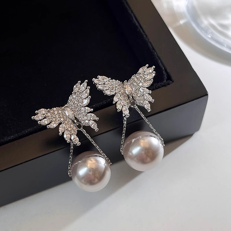 2025新款满钻蝴蝶珠珠耳坠耳环女设计小众独特高级感耳钉绝美耳饰