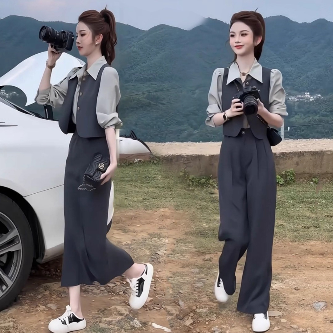 时尚套装女2025春秋新款长袖衬衫马甲阔腿裤小个子减龄气质三件套