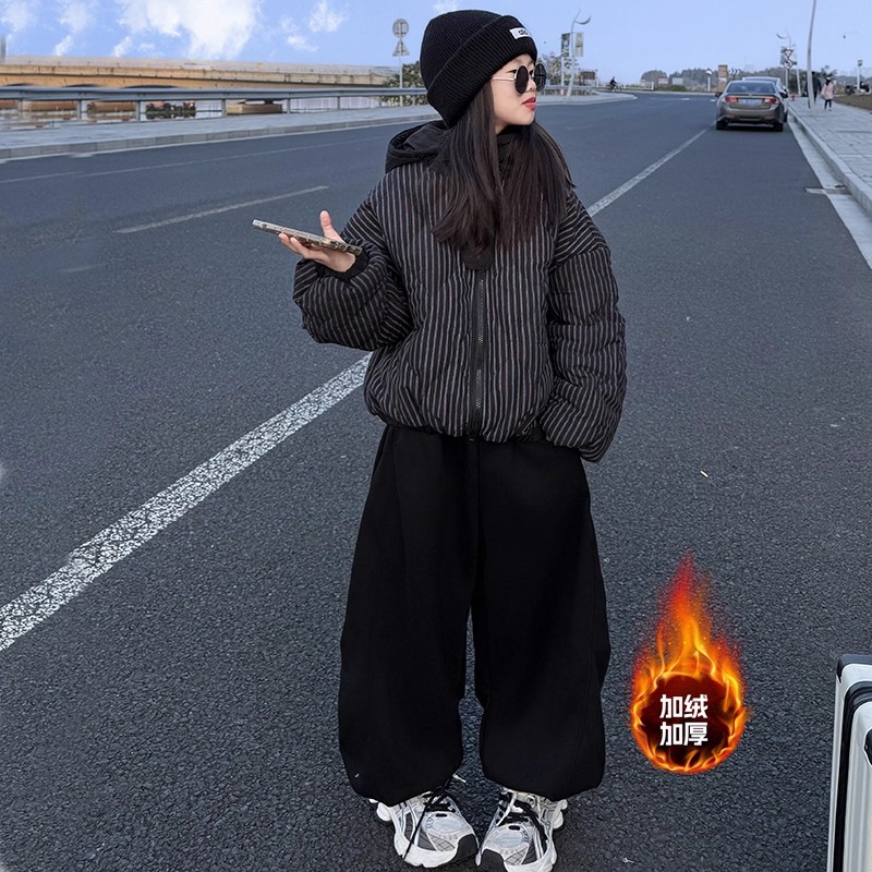 女童加绒加厚弯刀运动裤2025秋冬季新款高腰宽松慵懒风阔腿裤子潮