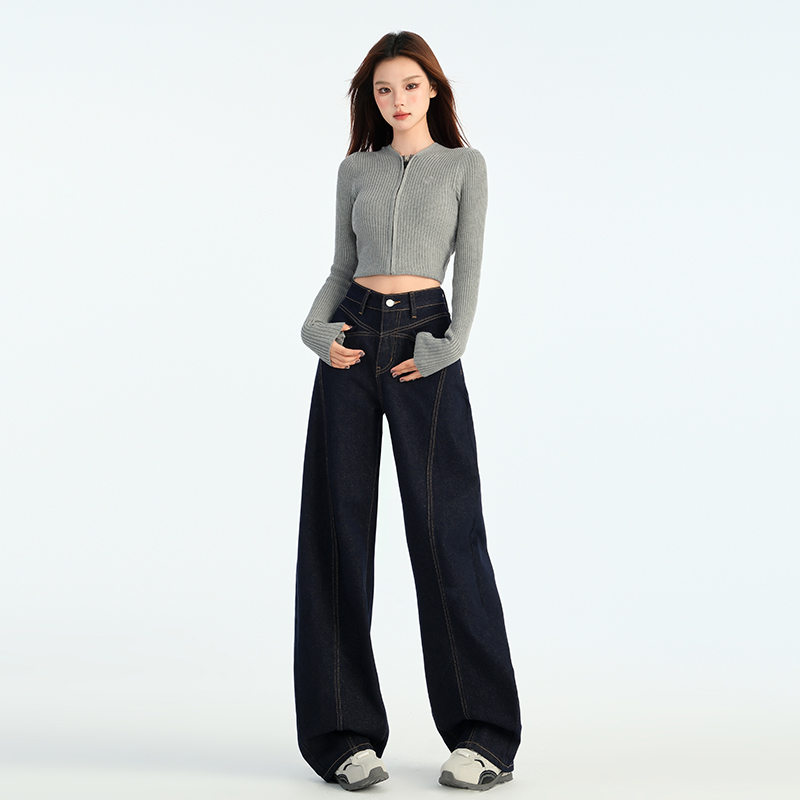 深蓝色美式弯刀阔腿牛仔裤女2025秋季高腰显瘦设计感百搭直筒裤子
