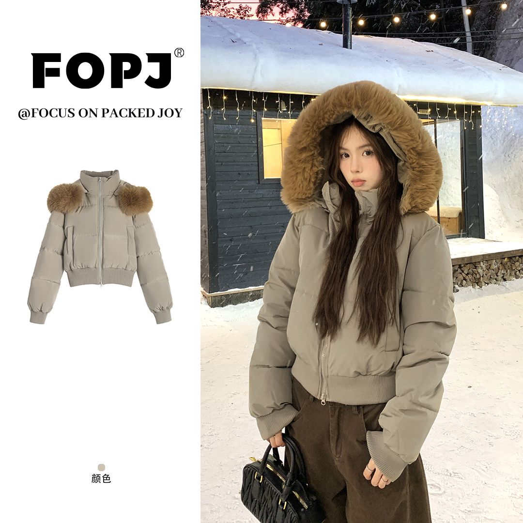 FOPJ韩系复古座山雕连帽毛领棉服女秋冬氛围感短款小个子棉衣外套