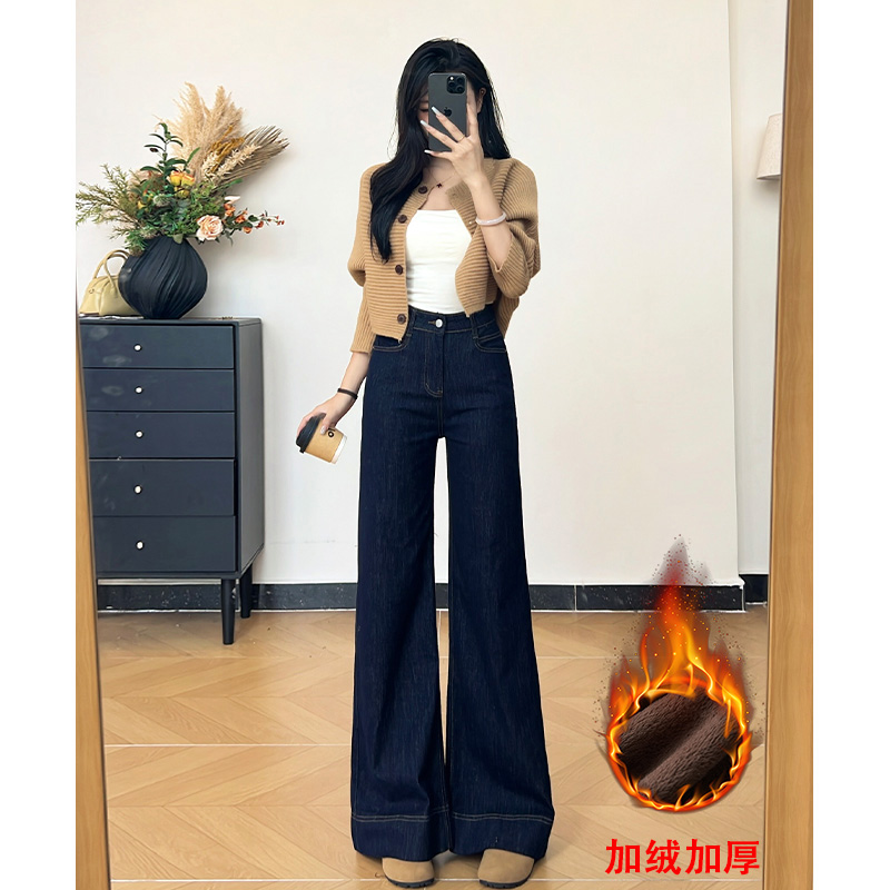 乔栈复古港风丹宁蓝色微喇牛仔裤女秋冬小个子高腰显瘦百搭阔腿裤