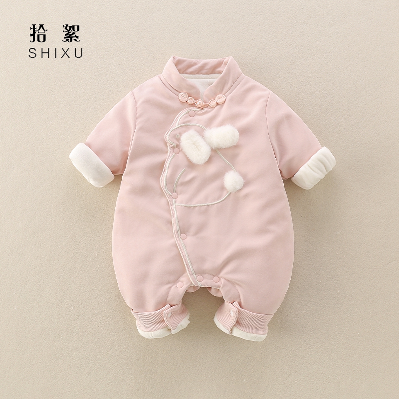 女宝宝百天衣服婴儿秋冬装加绒棉衣冬季夹棉外套外出服卡通连体衣
