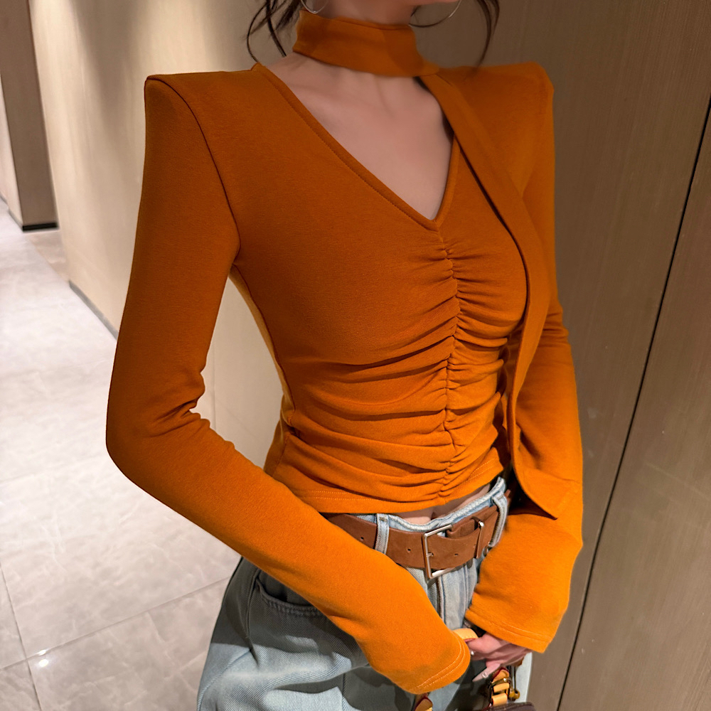 【钻石店铺优选】秋冬新款时尚设计感气质显瘦V领褶皱飘带加绒上衣