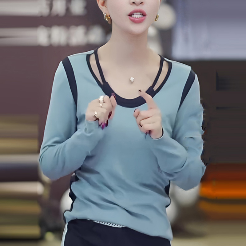6100蓝色圆领拼接假两件长袖T恤女2025秋季新款时髦洋气撞色上衣