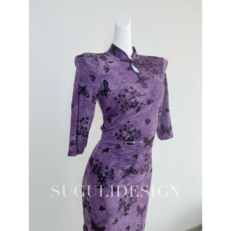 苏故里【蝶影凝香】文艺气质修身高端日常旗袍奢华气质双层衣长120