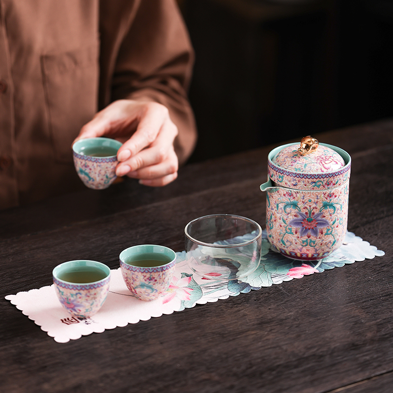 持一堂珐琅彩快客杯茶具高端陶瓷一壶三杯便携包户外旅行茶具送礼