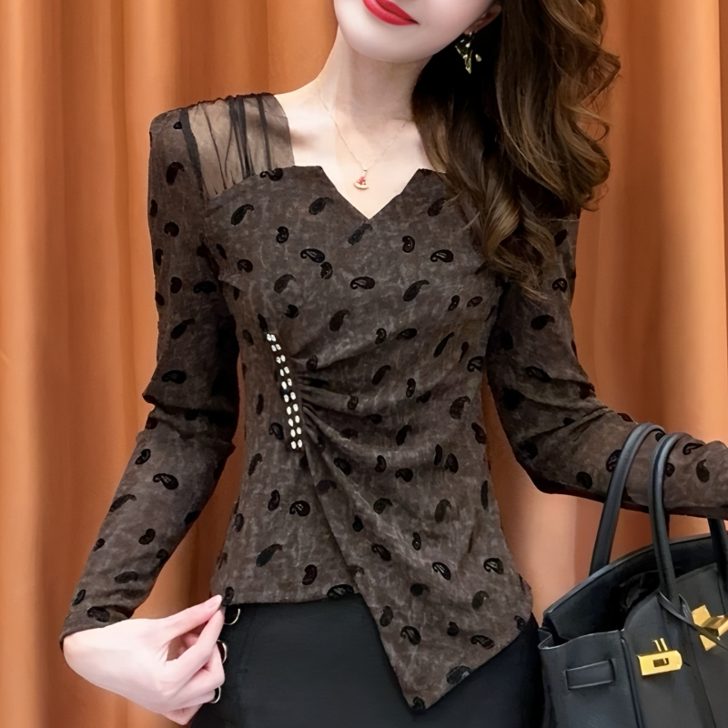 设计感洋气不规则T恤女2025春秋季新款印花修身收腰显瘦打底上衣