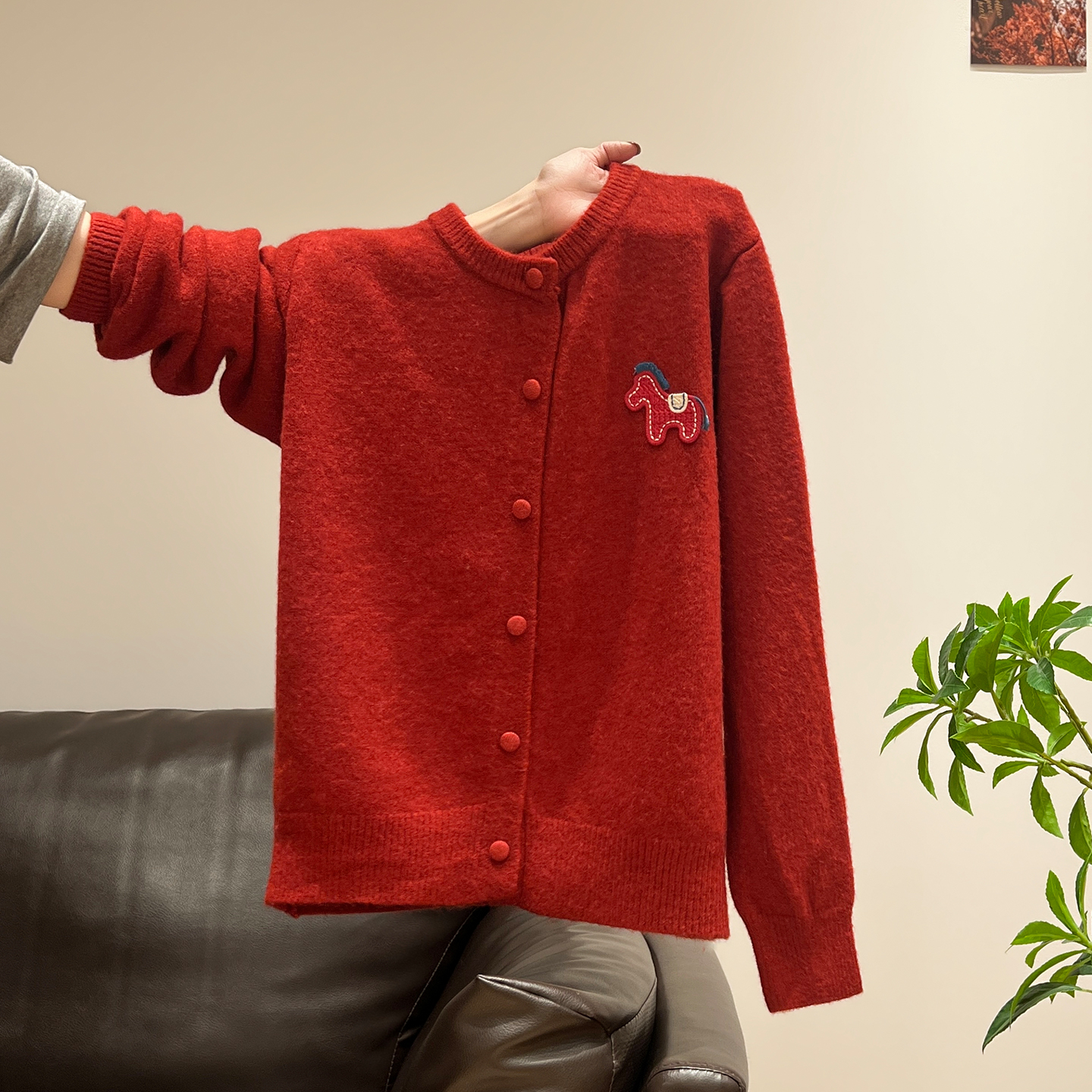 小婉薇红色新年穿搭加厚针织开衫毛衣女2026秋冬立体小马上衣外套