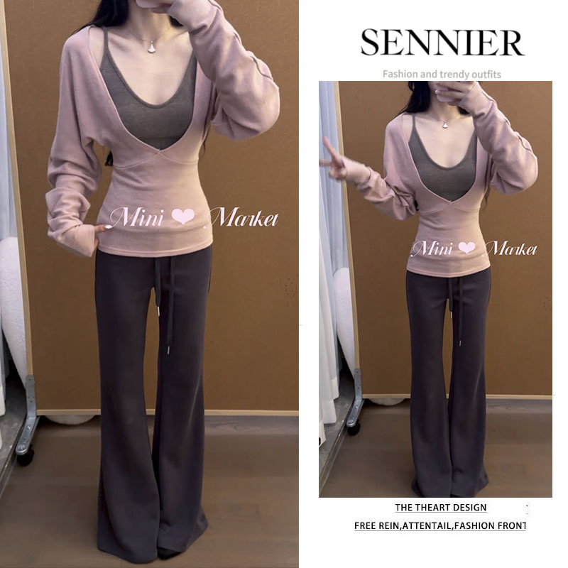 早春温柔系穿搭女2026新款纯欲吊带背心收腰针织上衣休闲裤三件套