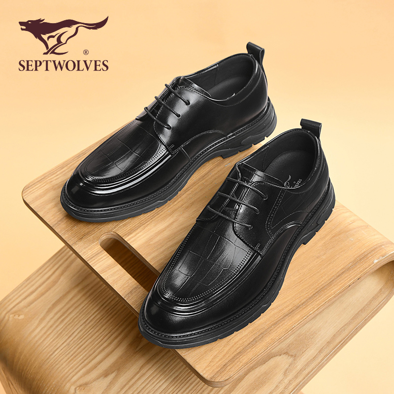 七匹狼男鞋秋季新款英伦商务休闲皮鞋男士黑色真皮增高百搭德比鞋