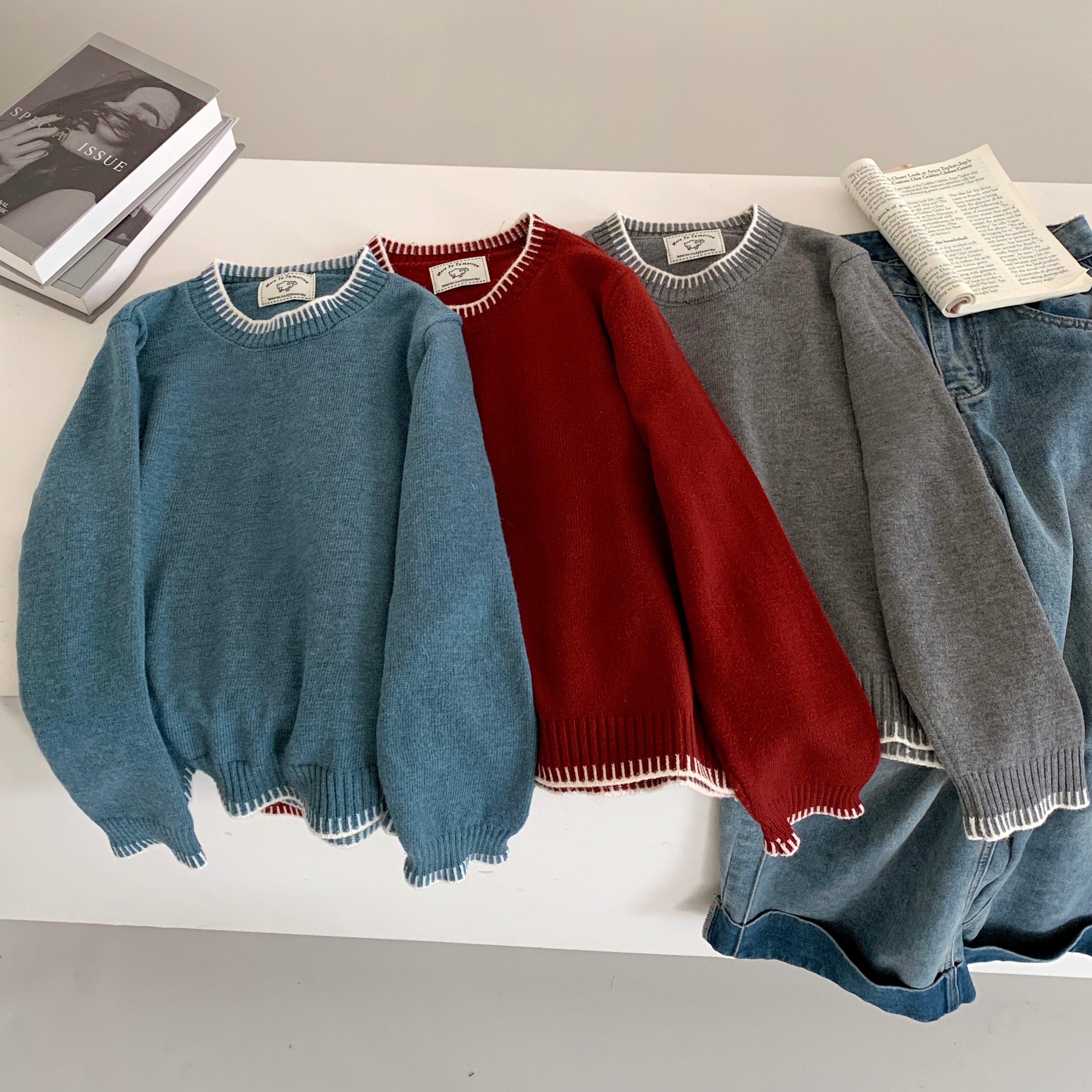 3445秋冬新款温柔风圆领长袖针织衫宽松内搭打底上衣