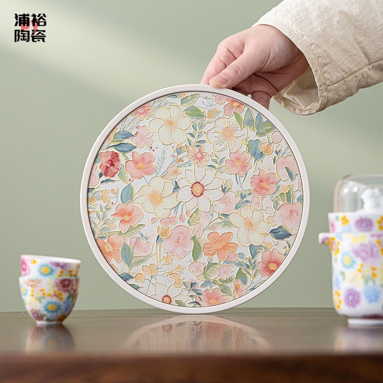 繁花速干吸水盘中国风泡茶盘创意掐金丝干泡盘家用茶托盘蓄水茶台