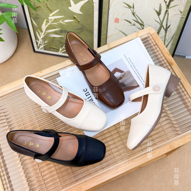 2025新款珍珠法式真皮女鞋软底软面一字带舒适百搭单鞋609