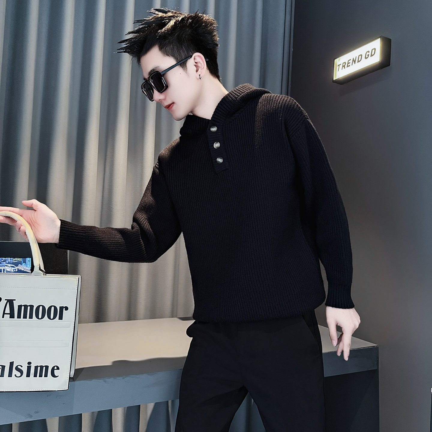 高级感连帽针织外套男秋冬季潮牌痞帅打底毛线衣2025新款内搭上衣