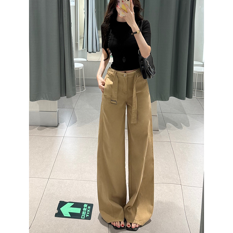 卡其腰带高腰阔腿牛仔裤女2025秋款慵懒休闲宽松百搭拖地裤蛮腰纪