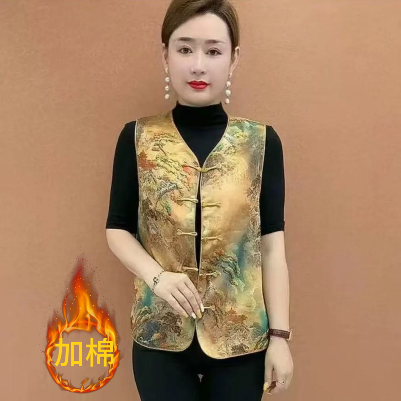 【原版夹棉]中式国风气质马甲时尚复古提花坎肩背心盘扣女装无袖