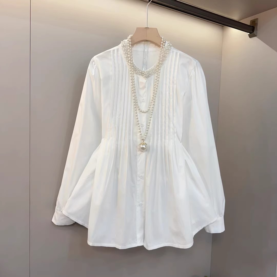 法式高级感重工钉珠褶皱白色衬衫女2025秋季新款显瘦遮肉洋气上衣