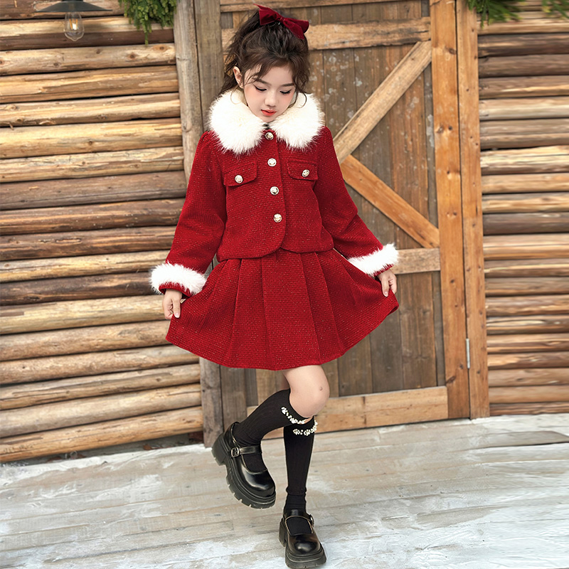 女童拜年服小香风套装2025新款冬季夹棉加厚过年穿红色喜庆连衣裙