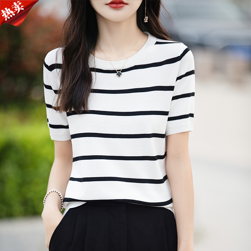 时尚品牌2025新款通勤慵懒风百搭条纹针织衫夏季薄款宽松女士上衣