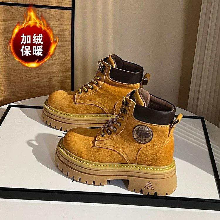 厚底马丁靴女秋季新款复古小个子增高短靴英伦风大黄靴工装靴