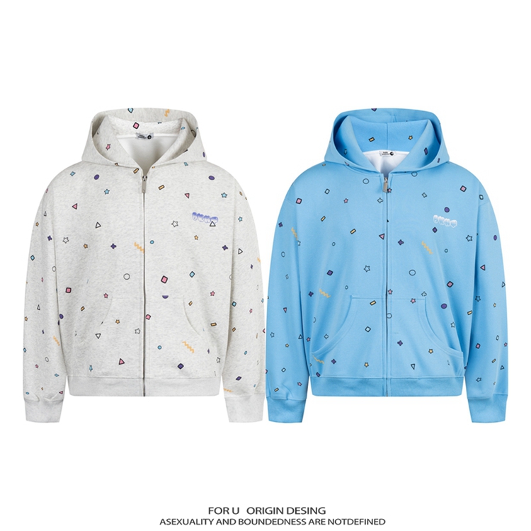 FOR U 原创国潮美式复古满印拉链卫衣宽松开衫外套男女情侣帽衫