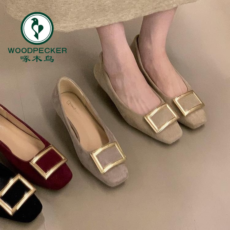 啄木鸟法式方头低跟浅口单鞋女2025秋季新百搭气质金属方扣通勤鞋