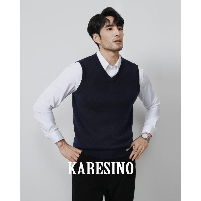 KARESINO秋冬季商务通勤 男士V领背心马夹纯色针织毛衣保暖羊毛衫