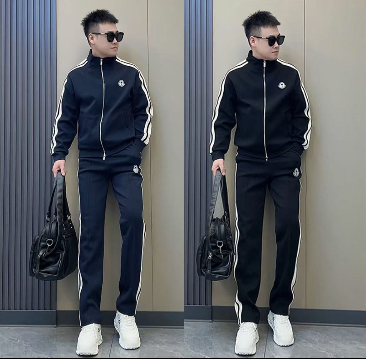 秋季新款高品质拼接立领休闲运动套装男士潮流百搭舒适宽松两件套