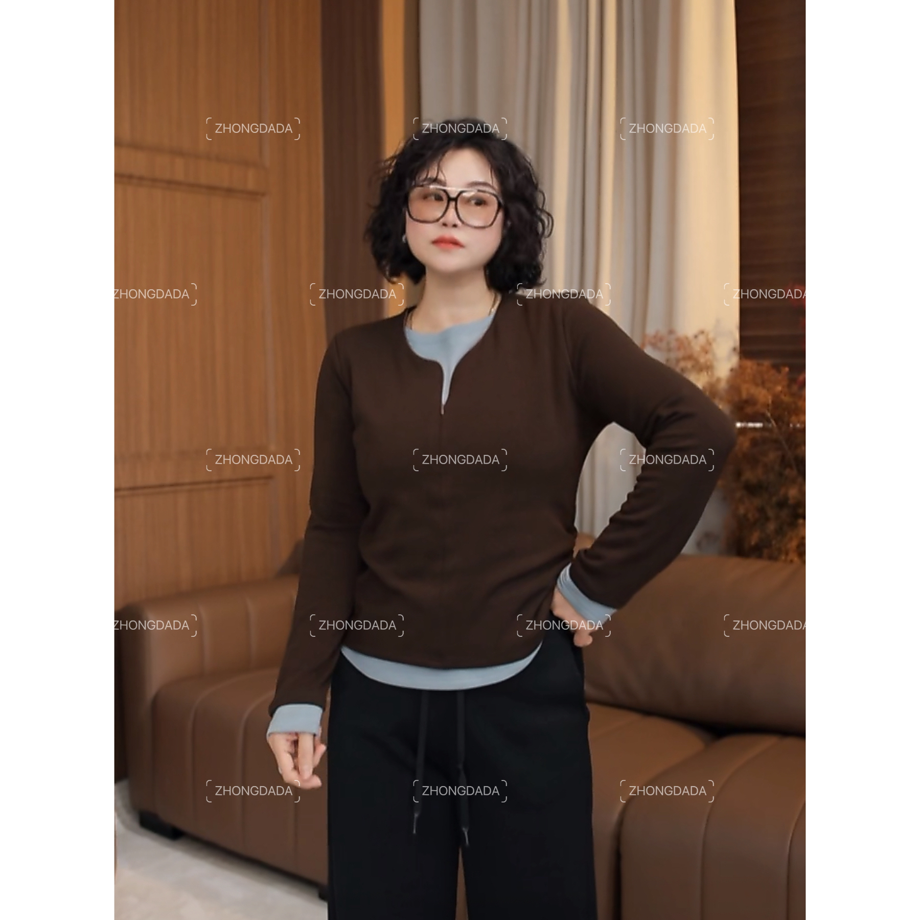 ZHONG大大【】假两件V领长袖显瘦拼接打底衫女秋冬新款百搭上衣1067