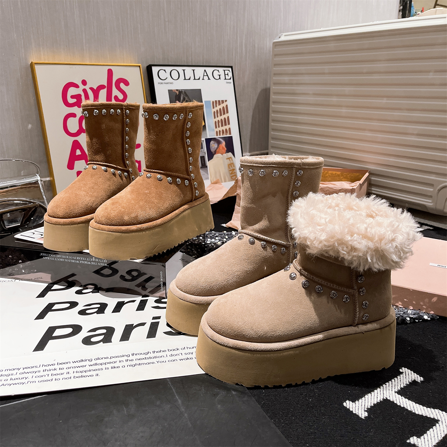 2025冬新款小个子增高雪地靴女时尚铆钉厚底加绒保暖防滑中筒棉靴