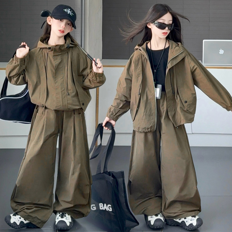 女童秋装冲锋衣套装儿童新款时尚连帽休闲韩版工装风外套直筒裤子