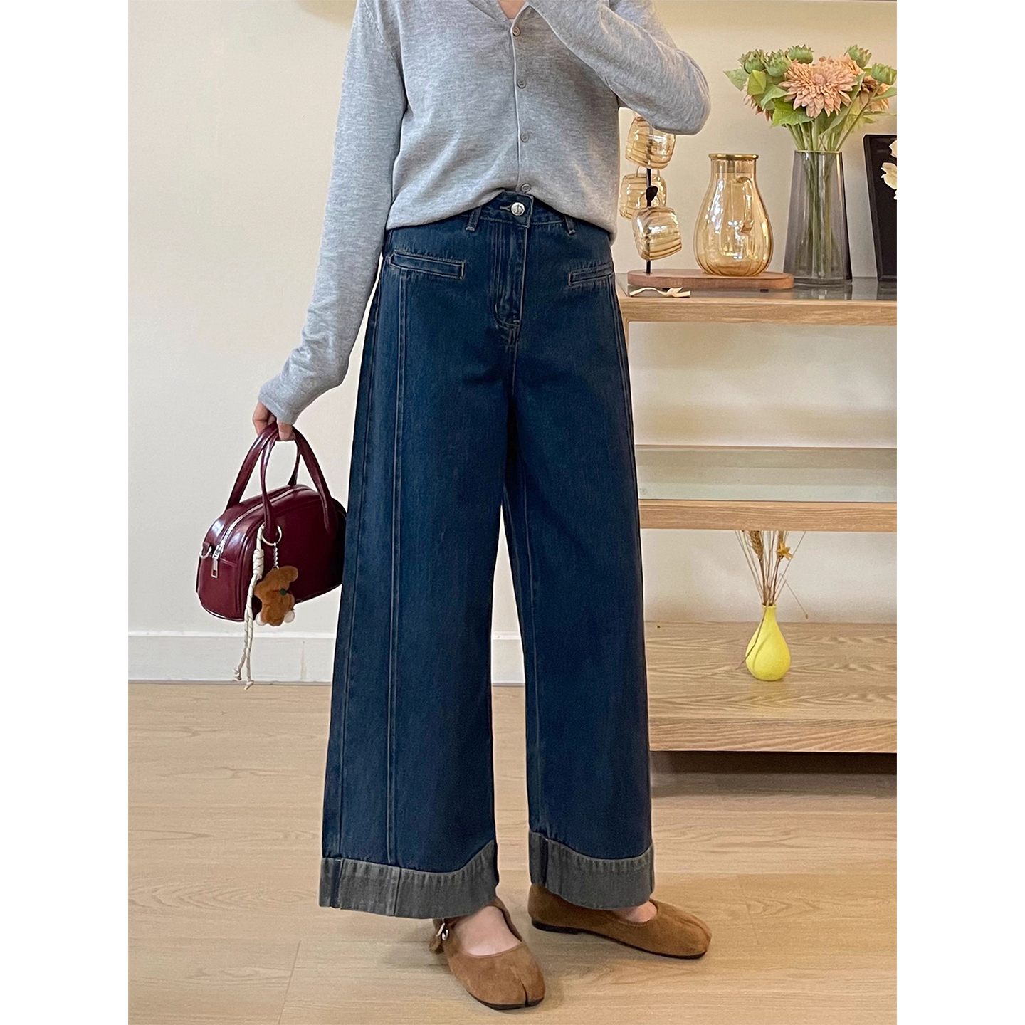 深蓝色九分直筒牛仔裤女秋季新款大码胖mm梨形身材高腰弹力阔腿裤