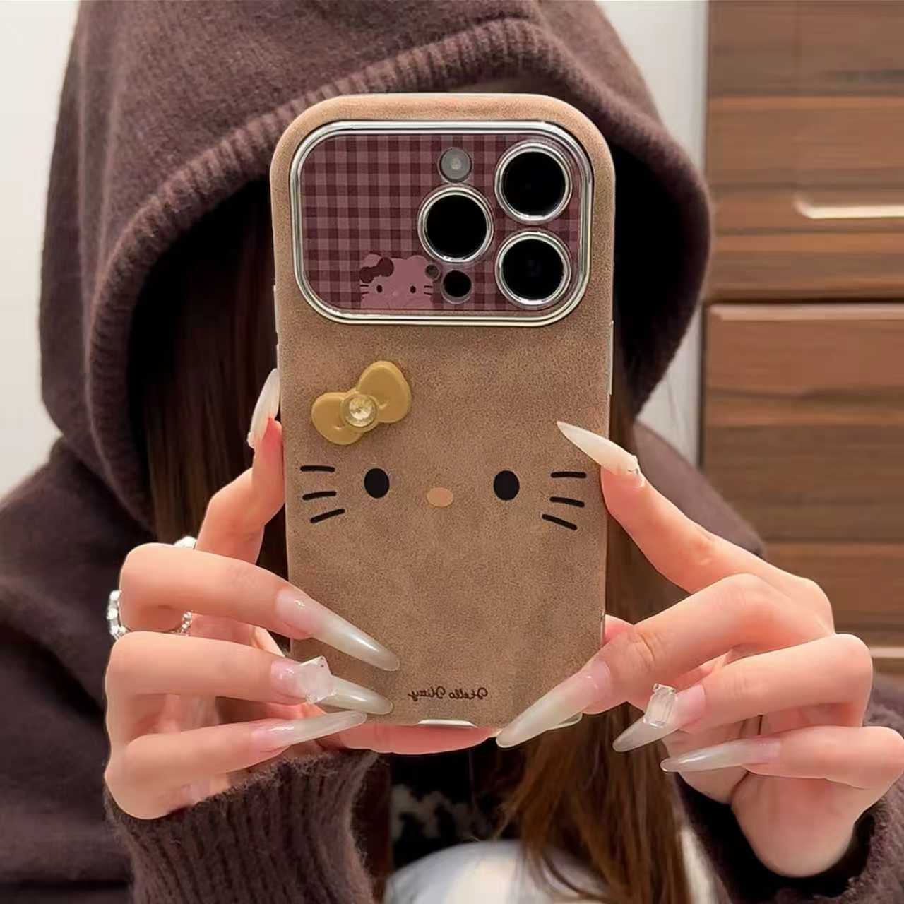 复古格纹蝴蝶结KT表情大视窗翻毛皮适用苹果17/16手机壳iPhone15P