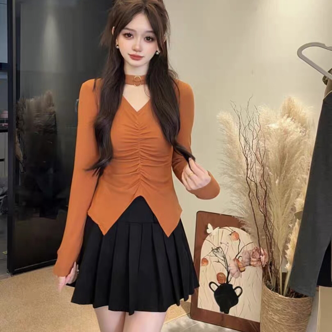 大码女装纯欲挂脖开叉磨毛长袖胖mm遮肉显瘦时尚百搭打底衫