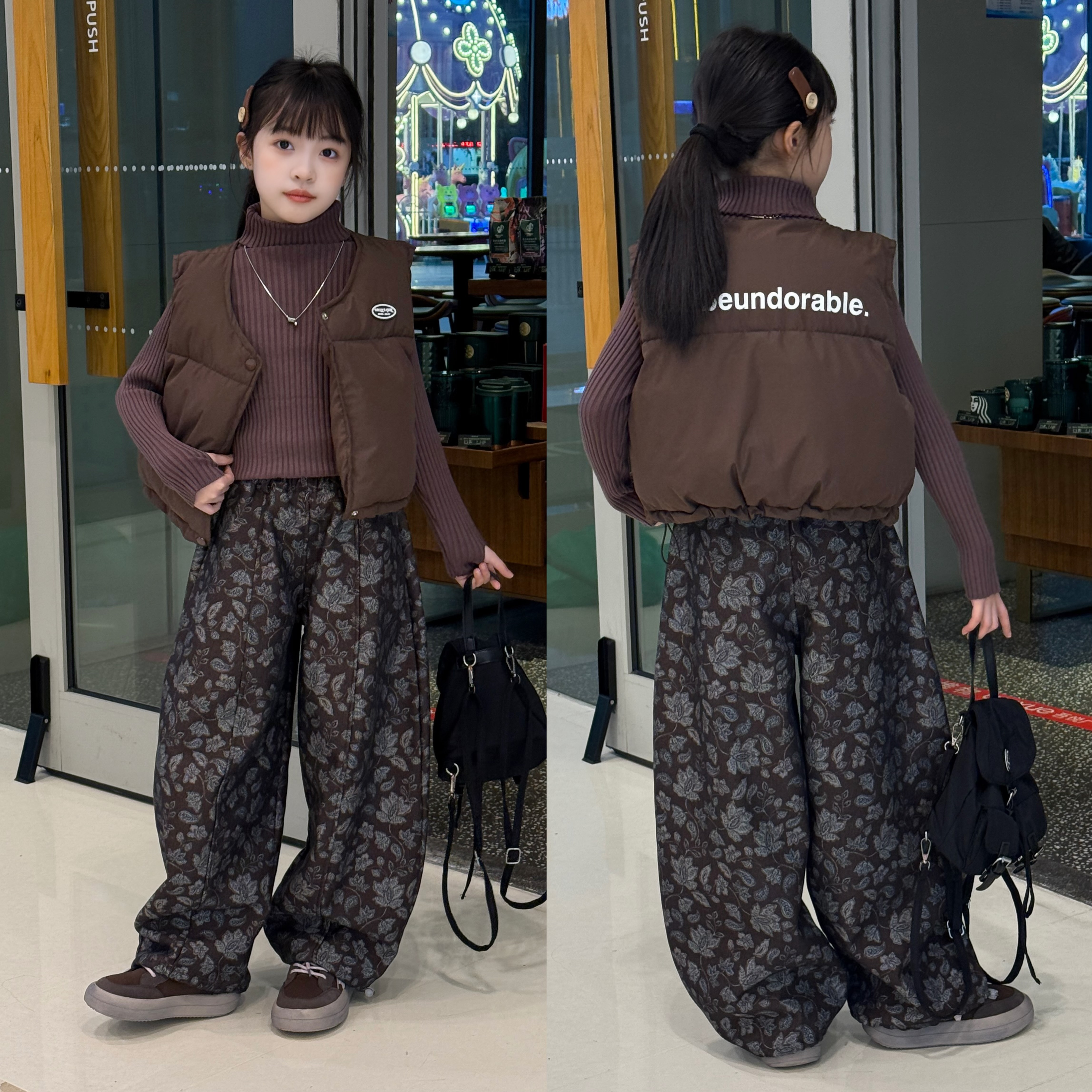 女童2025秋冬棉马甲外搭加绒花阔腿裤短款坎肩韩版洋气保暖中大童